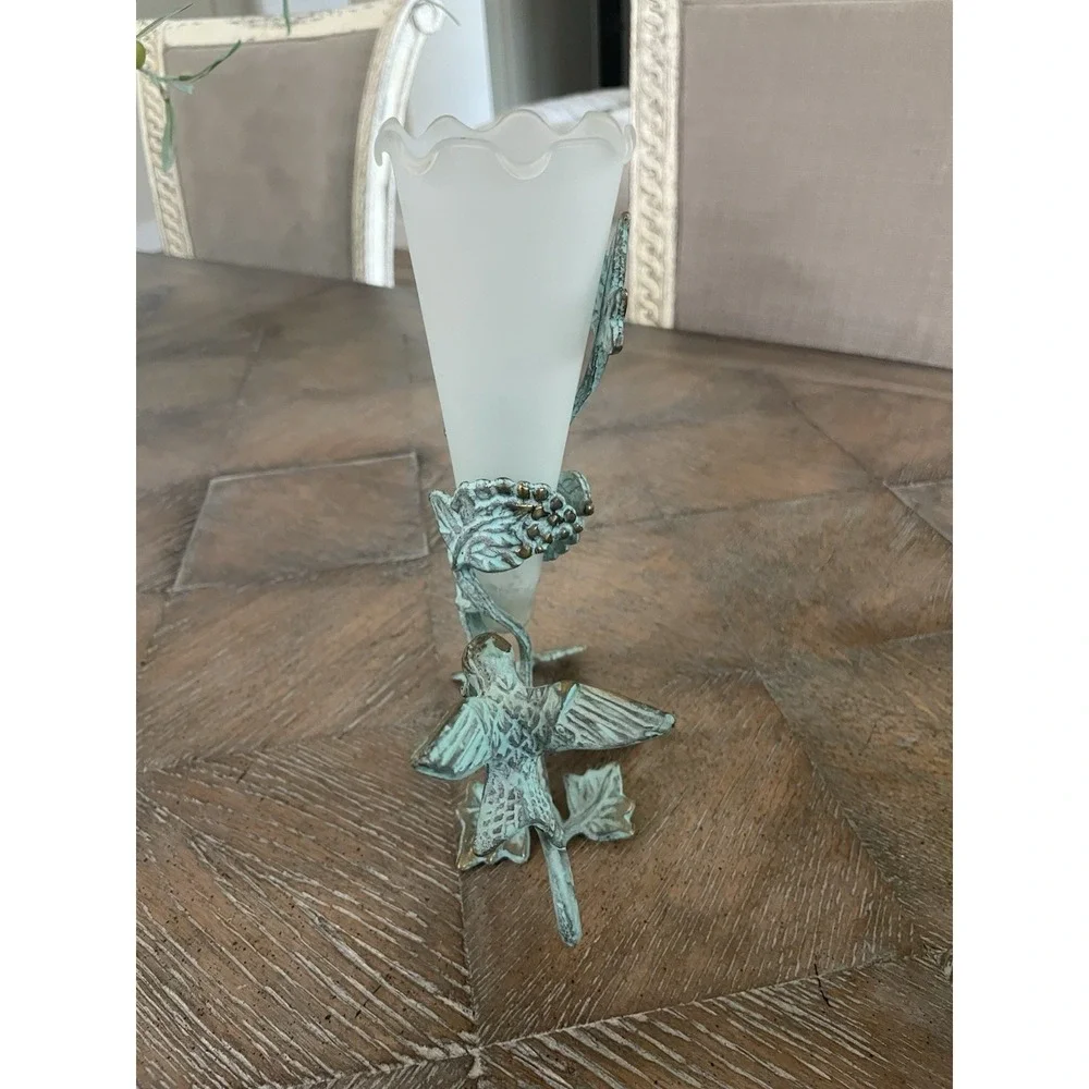 Vtg Verdigris Brass Hummingibrd Bud Vase with Fluted Frosted Glass Insert 8